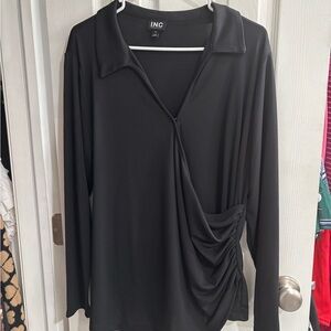 INC International Concepts Black Long-Sleeve Draped Zip Polo